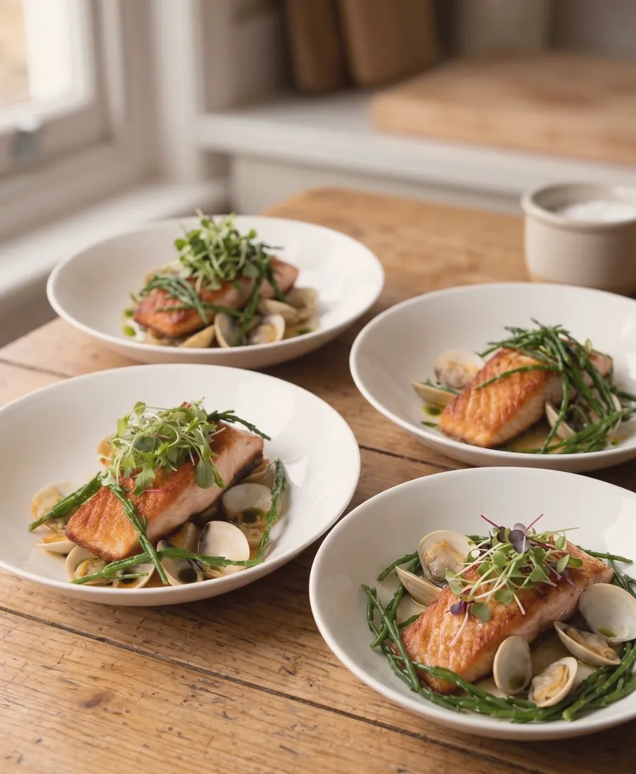 Four bowls of fish plated together during service