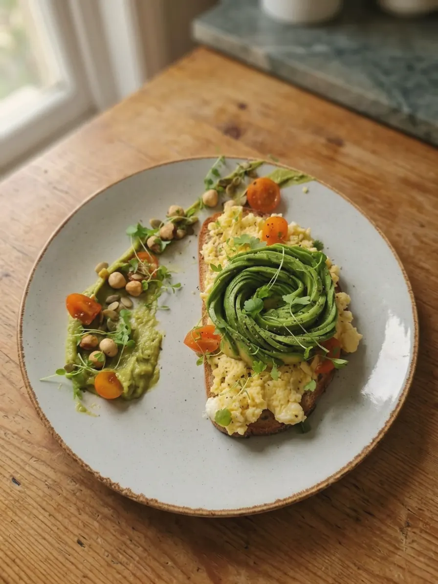 A green vegetable dish plated on a sage glazed ceramic plate on a wooden table