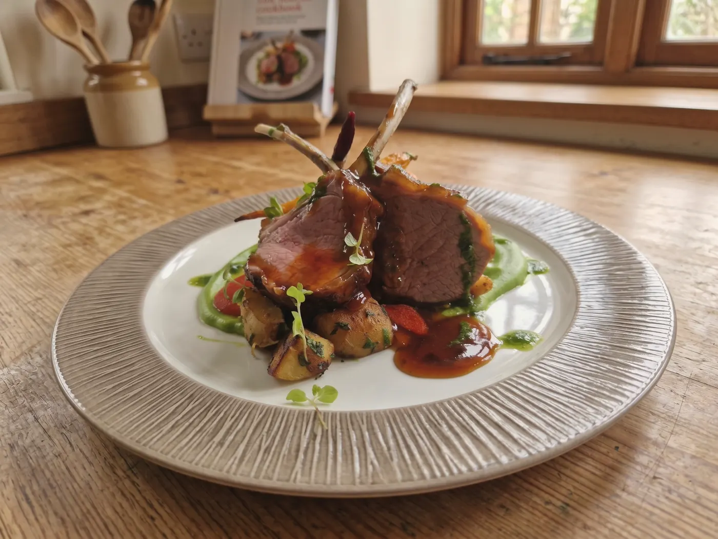A rack of meat carved onto a ridged plate with sauce, on a wooden kitchen table