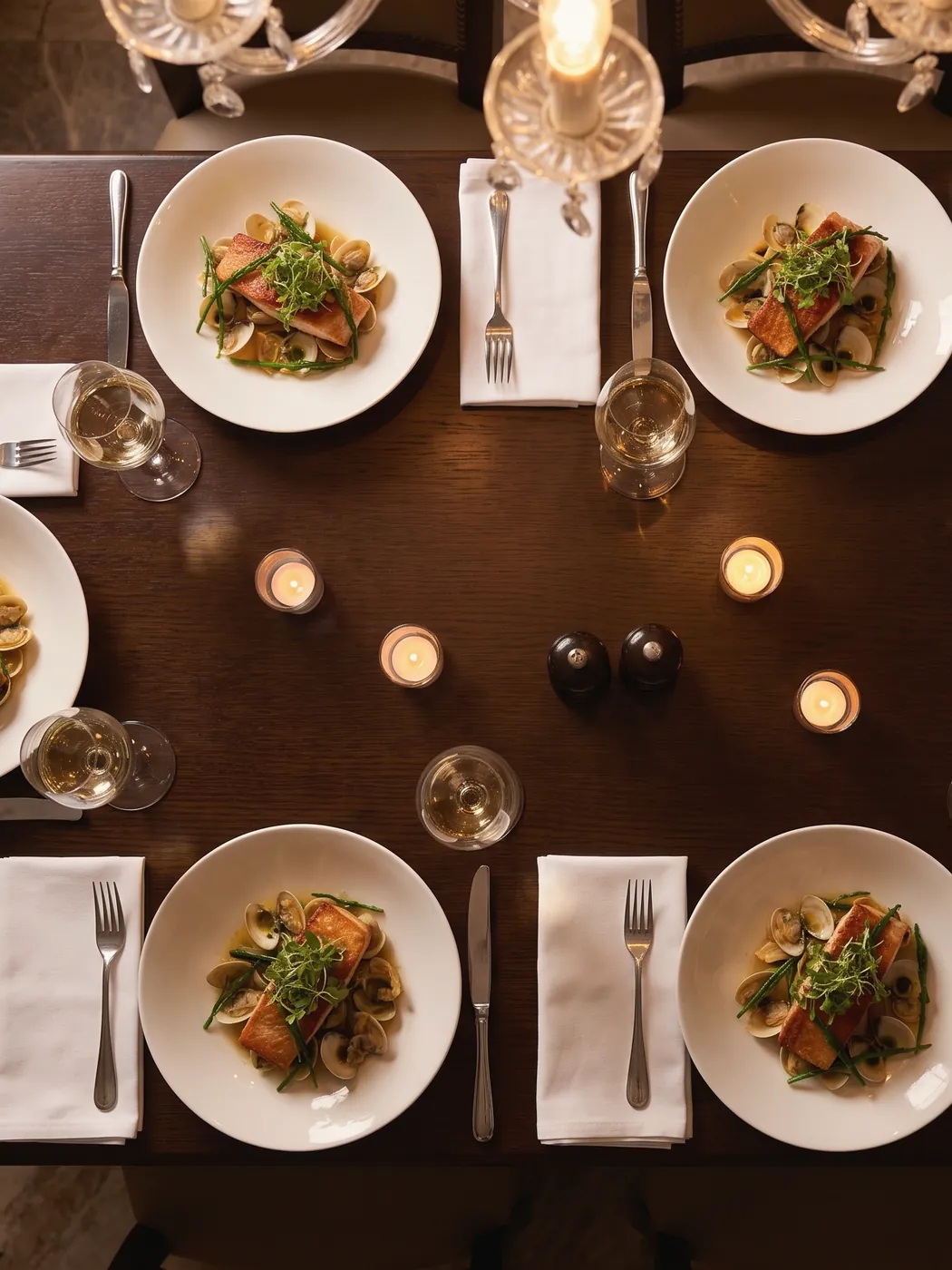 Mesa con platos de pescado, almejas y salicornia, fotografiada desde arriba a la luz de las velas